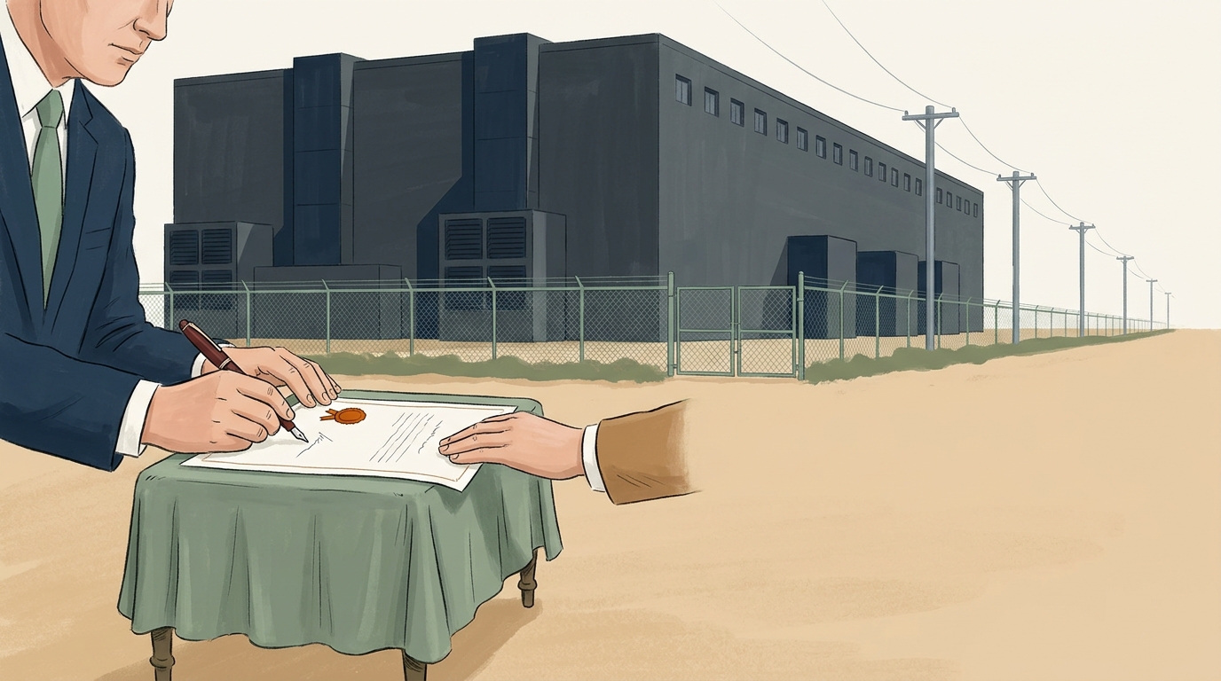Two pairs of hands sign a large blank document at a small ceremonial table in the foreground; behind a chain-link fence, a vast windowless data center rises, dwarfing the scene.