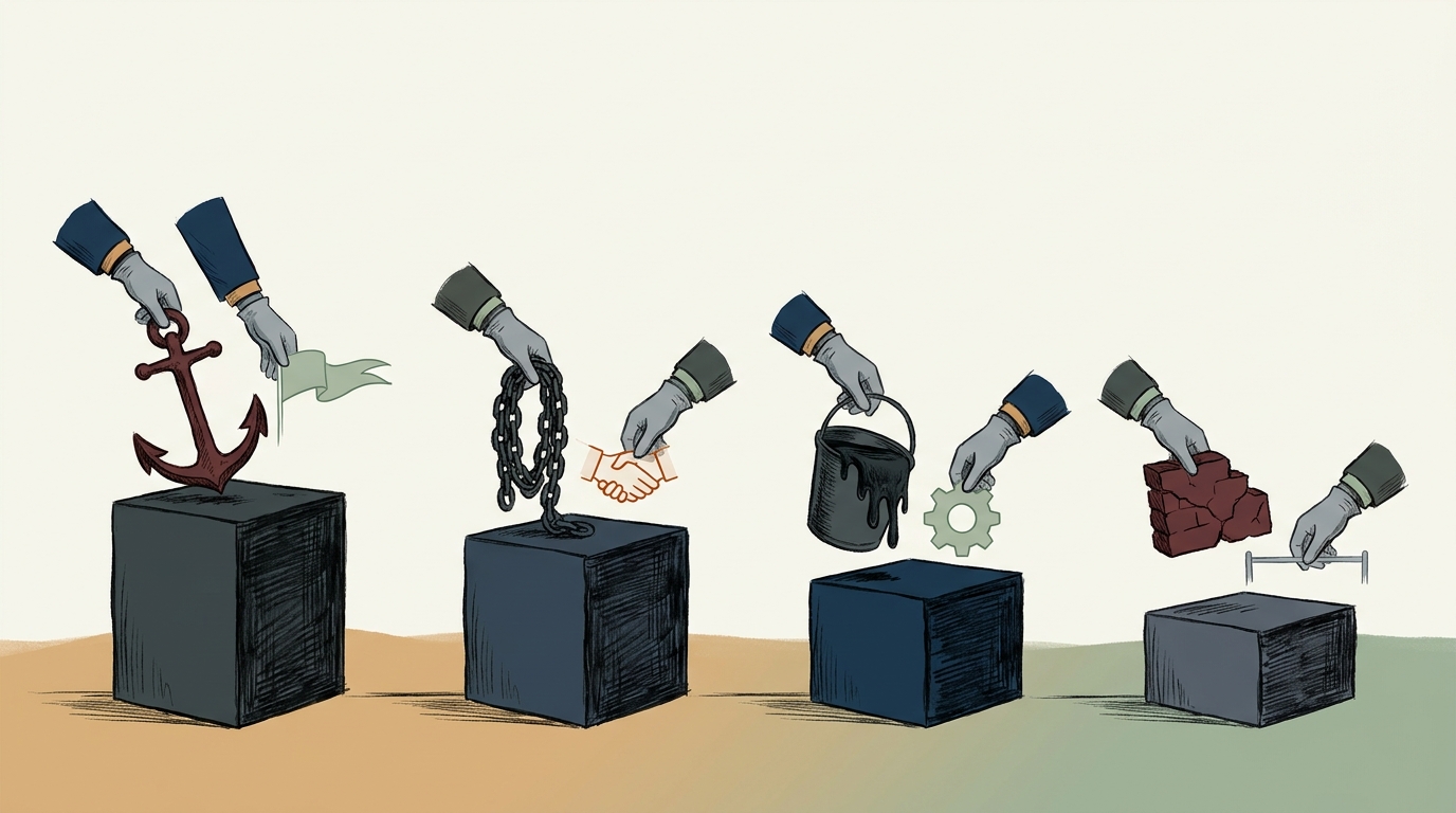 A horizontal procession of four stone plinths; gloved hands lift heavy objects (anchor, chain, bucket, broken wall) off each one and replace them with lighter objects (pennant, handshake, gear, fence post).