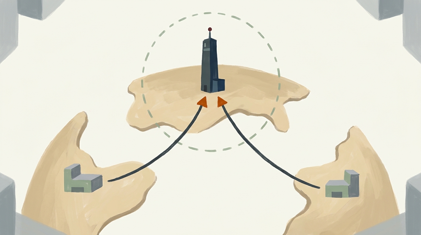 A stylized map showing a tall central tower on one landmass connected by thick lines to two smaller buildings on lower landmasses, with arrowheads pointing back toward the central tower.