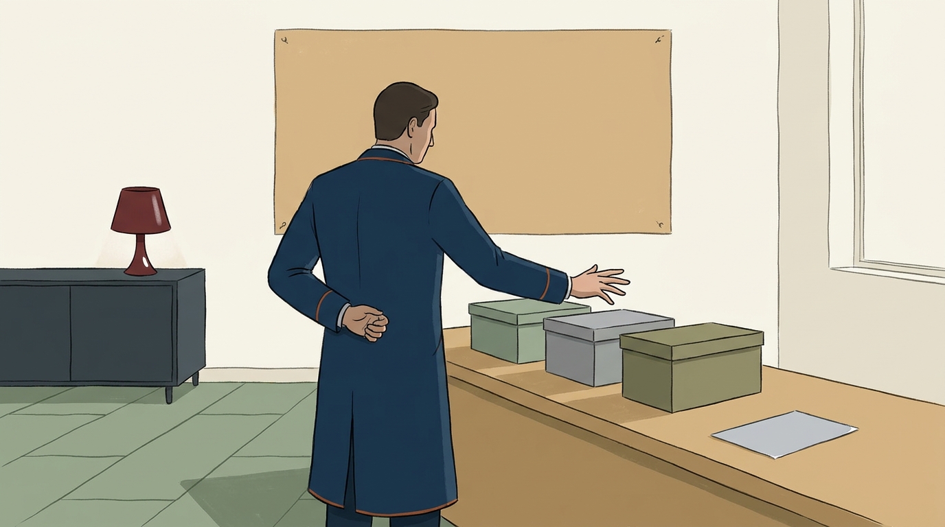 A dignified official figure in a navy coat, seen from behind, gestures over three identical anonymous boxes on a counter; behind the figure, the wall bears an empty rectangle where a seal or flag would traditionally hang.