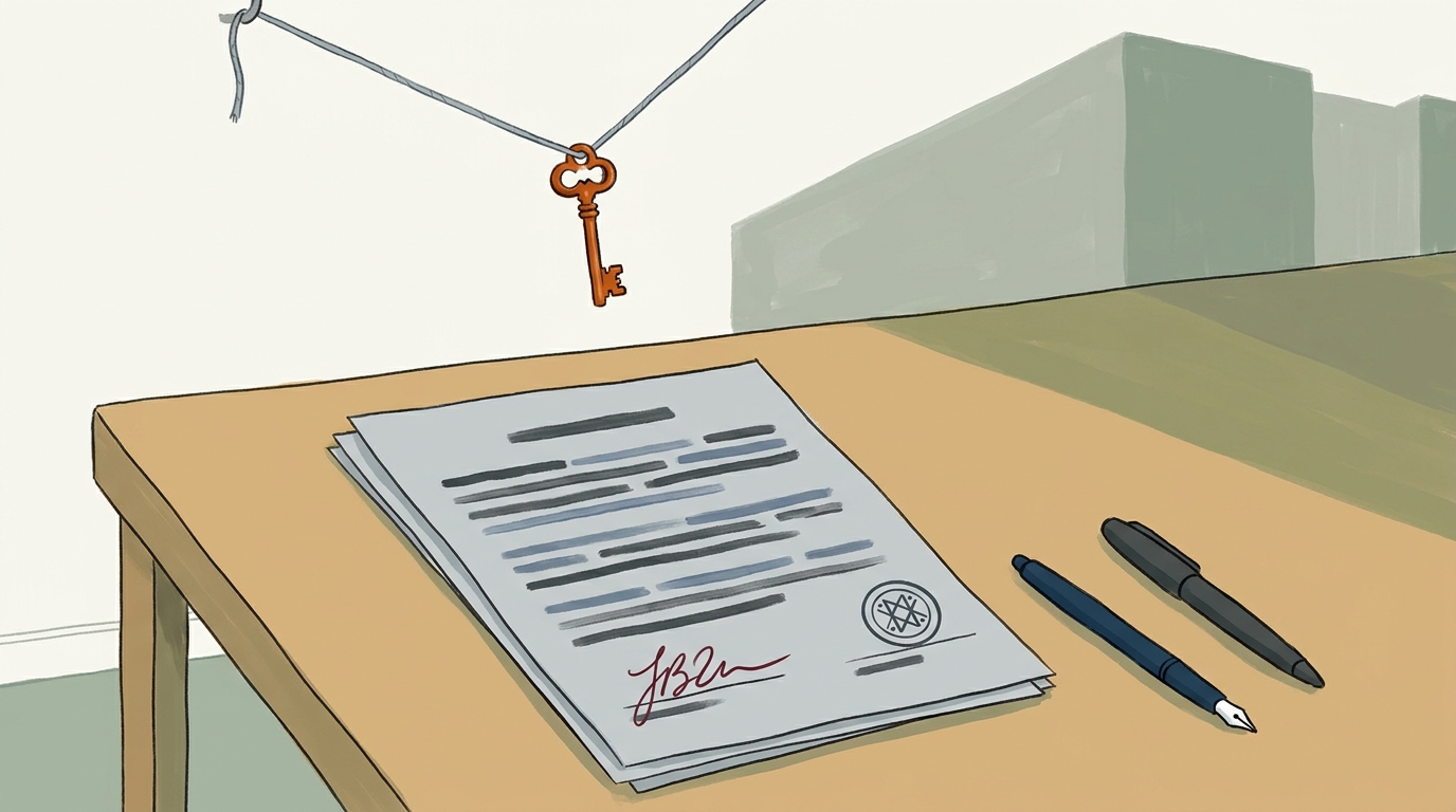 A still life of a half-signed document on a warm-tan table, with a small ornate key suspended from a string above and a faint shadow of a large windowless data center falling across the wall behind.